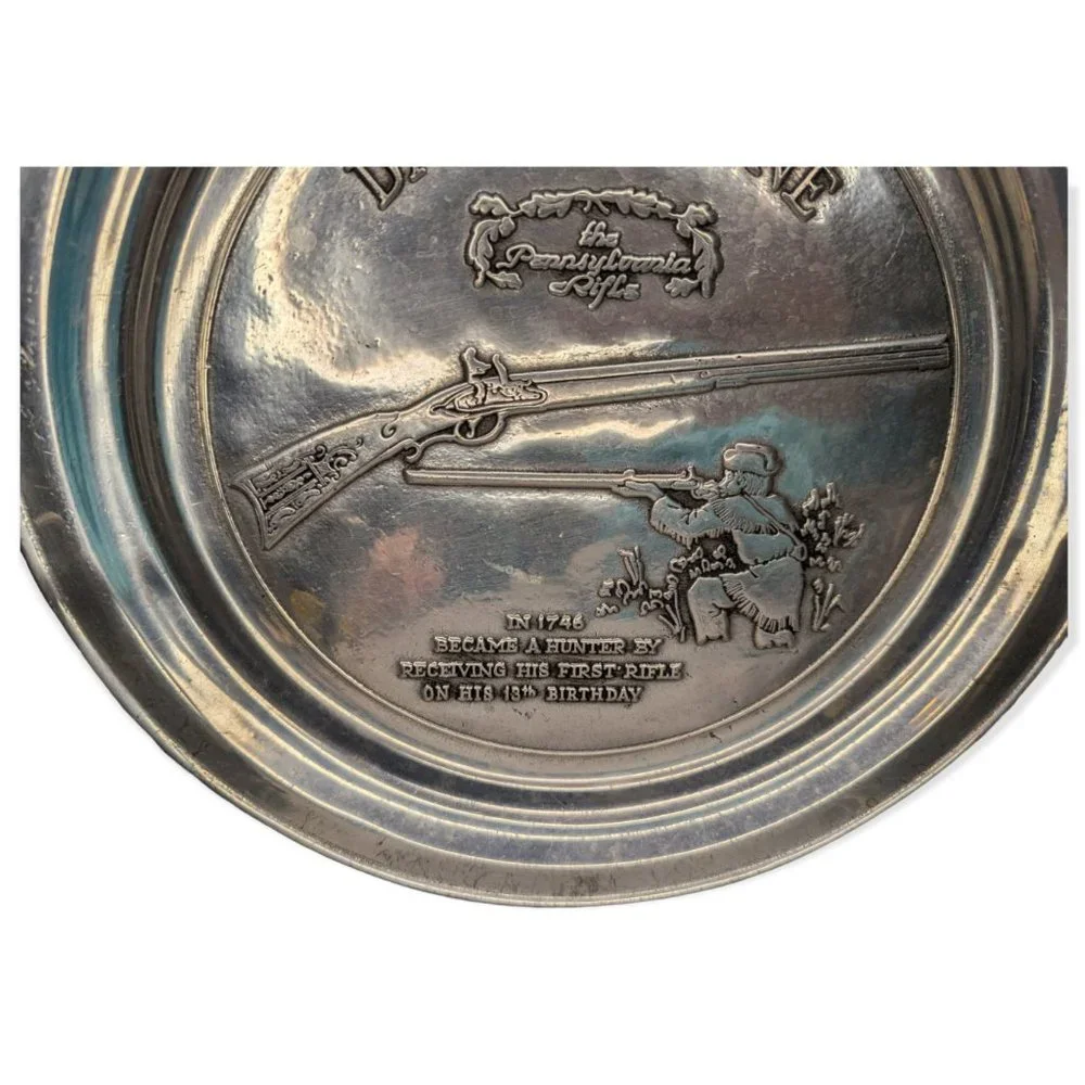 Vintage Pewter Plate & Mugs Featuring Daniel Boone & The Pennsylvania Rifle